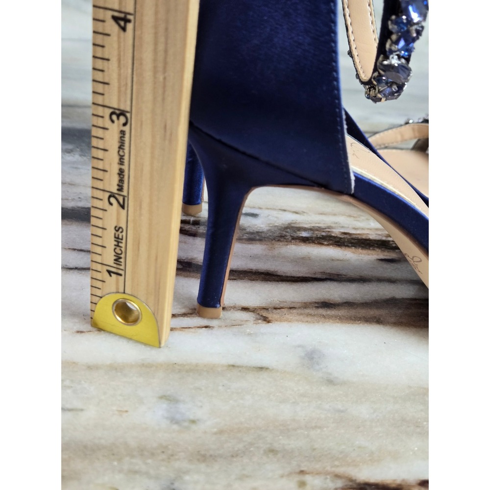 Jewel Badgley Mischka Navy Blue Satin Stone Embellished Ankle Strap Heels 8 - Picture 7 of 11